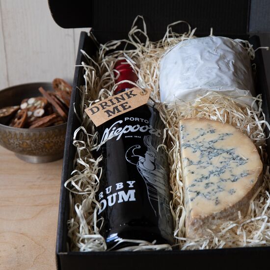 Port & Cheese Gift  Box including Full bottle Niepoort  Port, 1kg half moon Stilton and Cave Aged Wookey Hole 600g Cheddar truckle
