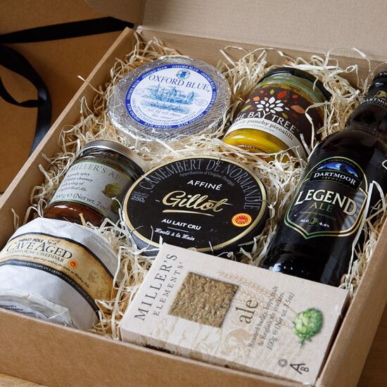 Cheese and Beer gift box with three large cheese truckles which are Oxford Blue, 600g Wookey Hole Cave Aged Truckle and a 250g boxed Camembert, 250ml Ale, Crackers & Chutney