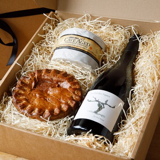 Cheddar truckle, pork pie and wine cheese gift