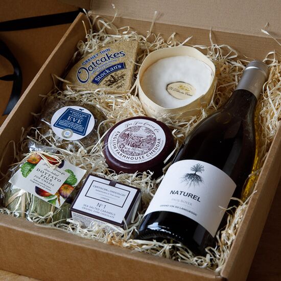 Cheese and Wine gift with three cheeses and fine foods