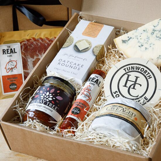 Cheese gift box consisting of Three British Cheeses, Real Cure Charcuterie, Bay Tree Chutney and Fine Cheese Crackers