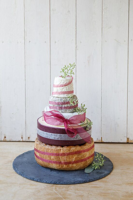 Baby Cheddar & Pork Pie Cake with one Pork Pie and four cheeses decorated with organza ribbon