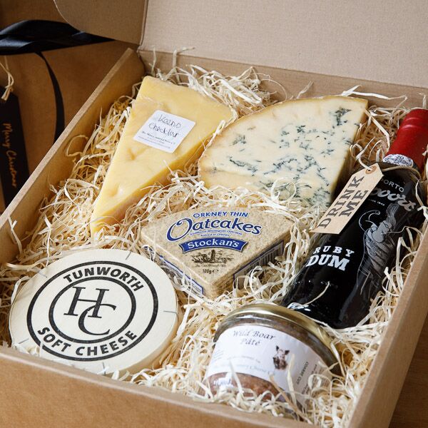 Port and Cheese gift box with three different cheeses, crackers and pate