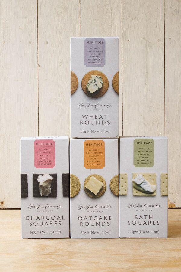 Fine Cheese Heritage Crackers.  Four different varieties. Charcoal Squares, Wheat Rounds,Bath Squares and Oatcake Rounds